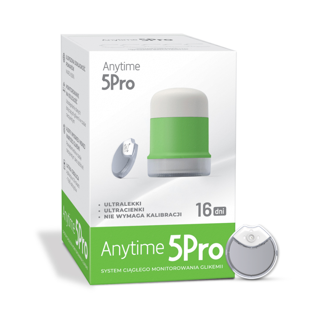 Caixa do Anytime 5 Pro e sensor; imagem da embalagem internacional